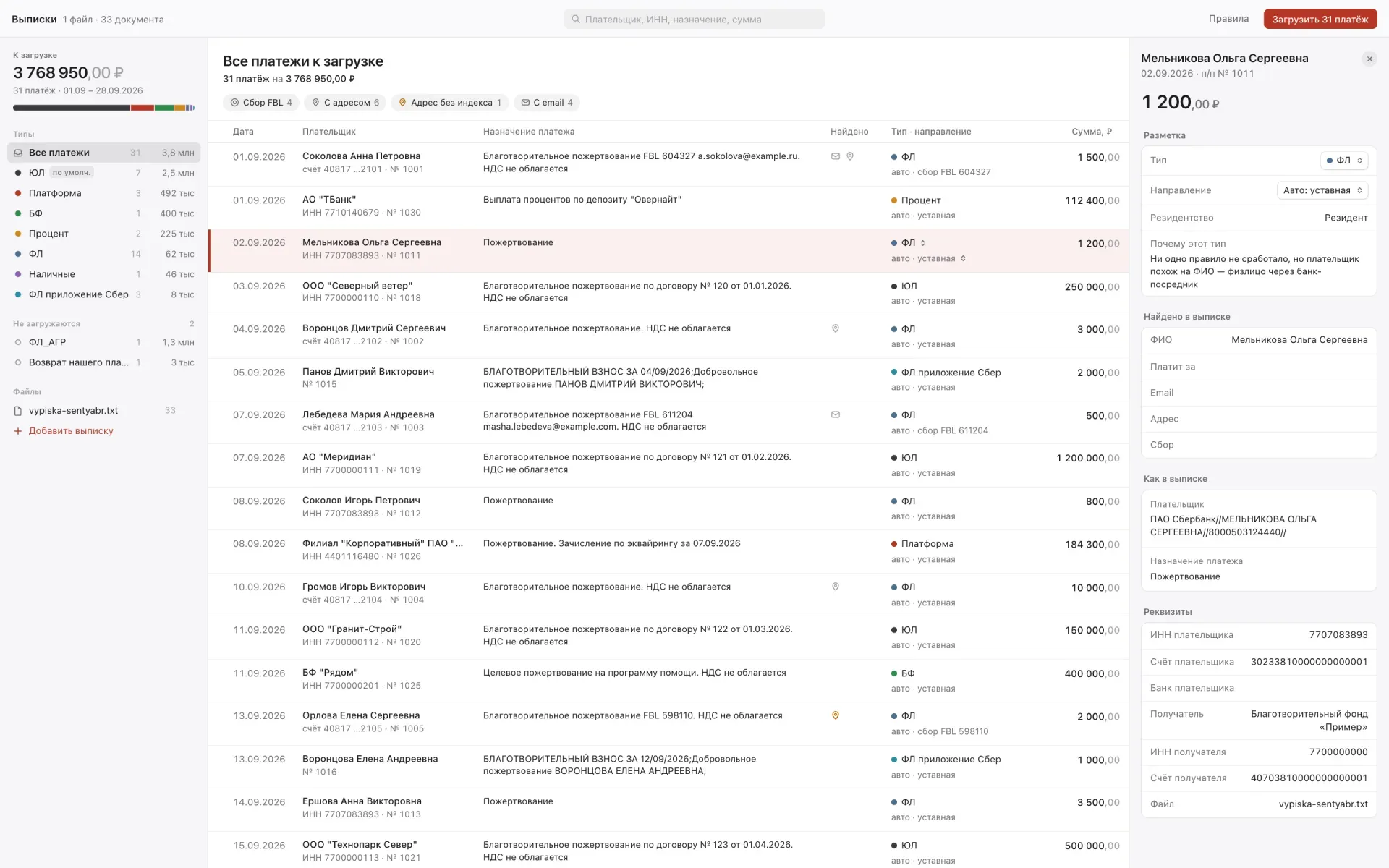 Разбор банковской выписки: слева сводка по типам, в центре платежи, справа карточка платежа с блоком «Почему этот тип»